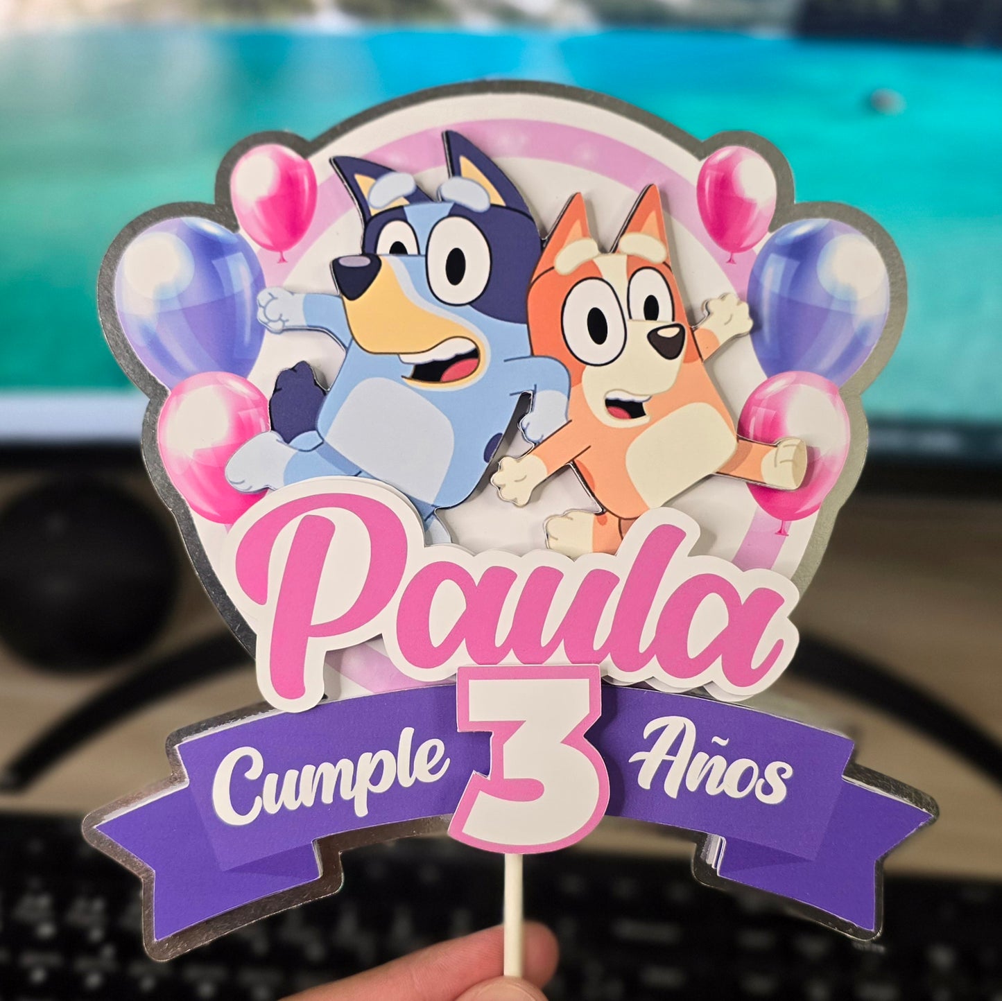 Topper de bluey rosa de niña para Tarta de Cumpleaños – Adorno de Pastel Infantil, Decoración Fiesta bluey