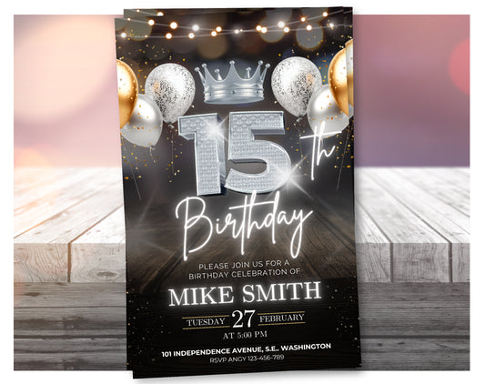 Luxury 15th Birthday Invitation with Crown – Black & Silver Animated Canva Template ✨