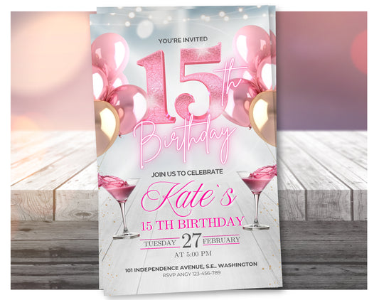 Video de invitación editable de cumpleaños número 15 en oro rosado – Invitación de fiesta de estilo elegante, descarga digital