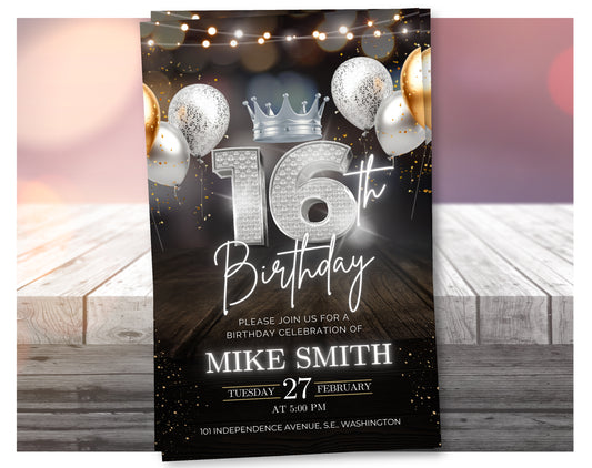 Luxury 16th Birthday Invitation with Crown – Black & Silver Animated Canva Template ✨