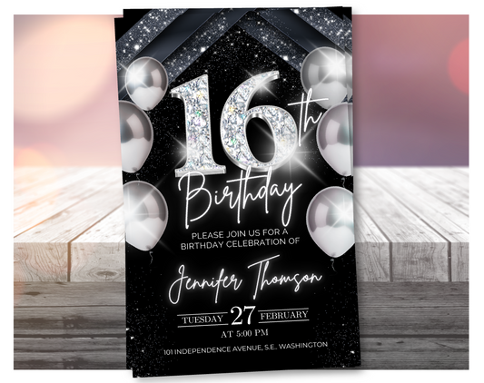 Elegant Silver 16th Birthday Invitation – Black Party Template