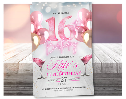 Video de invitación de cumpleaños de 16 años de oro rosa editable – Invitación de fiesta de estilo elegante, descarga digital