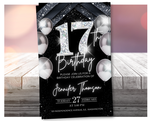 Elegant Silver 17th Birthday Invitation – Black Party Template