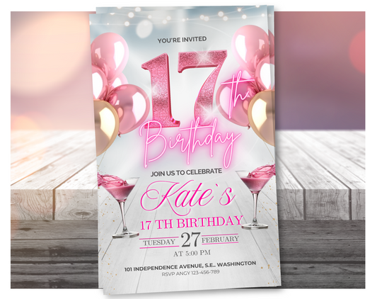 Video de invitación de cumpleaños de 17 años en oro rosa editable – Invitación de fiesta de estilo elegante, descarga digital
