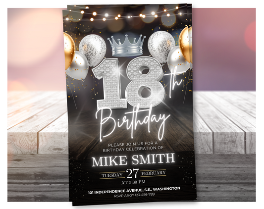 Luxury 18th Birthday Invitation with Crown – Black & Silver Animated Canva Template ✨