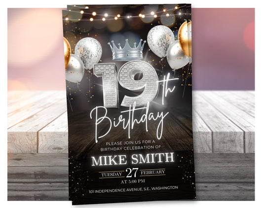 Luxury 19th Birthday Invitation with Crown – Black & Silver Animated Canva Template ✨