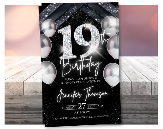 Elegant Silver 19th Birthday Invitation – Black Party Template