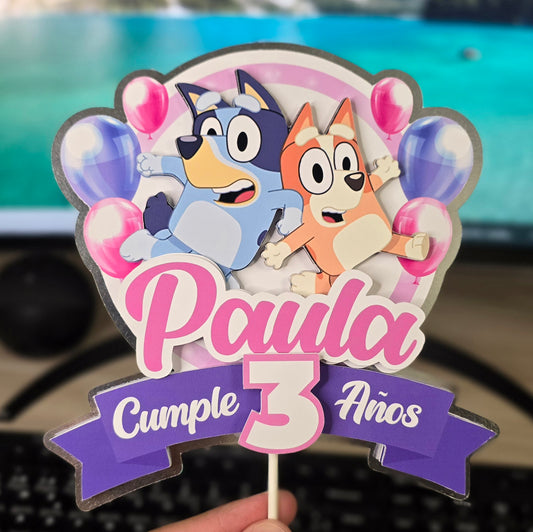 Topper de bluey rosa de niña para Tarta de Cumpleaños – Adorno de Pastel Infantil, Decoración Fiesta bluey