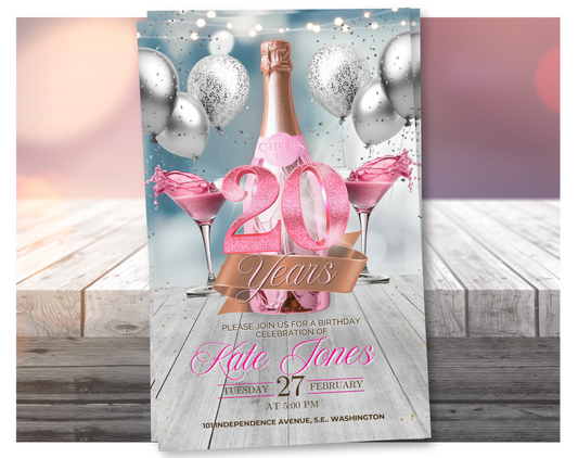Pink Champagne 20th Birthday Video Invitation (Glitter Pink) | Editable Canva Template