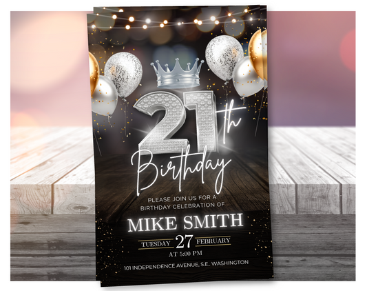 Luxury 21st Birthday Invitation with Crown – Black & Silver Animated Canva Template ✨
