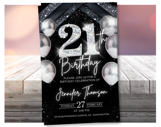 Elegant Silver 21st Birthday Invitation – Black Party Template