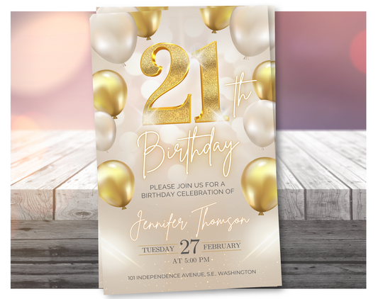 Luxury Gold 21st Birthday Invitation Template – Elegant Balloon Design Party Invite