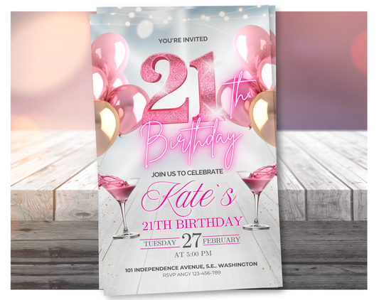 Video de invitación editable de cumpleaños número 21 en oro rosa – Invitación de fiesta de estilo elegante, descarga digital
