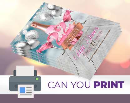 Invitación en video de cumpleaños número 22 con champán rosa (rosa con brillantina) | Plantilla de Canva editable