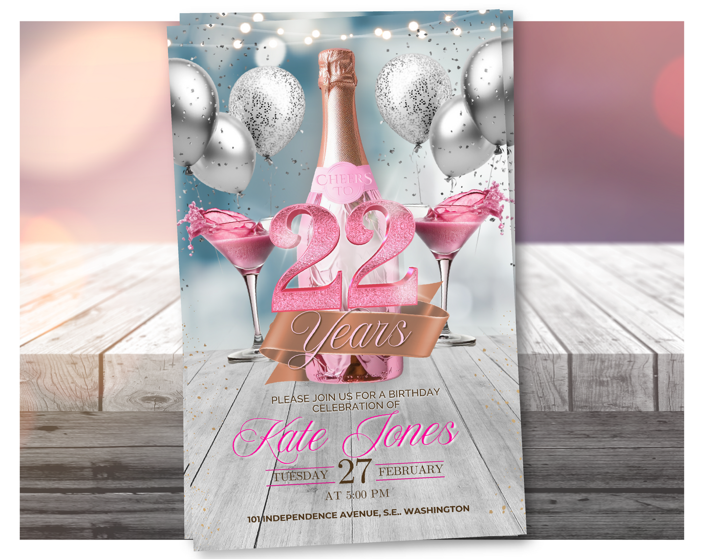 Invitación en video de cumpleaños número 22 con champán rosa (rosa con brillantina) | Plantilla de Canva editable