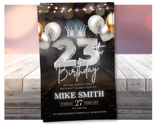 Luxury 23rd Birthday Invitation with Crown – Black & Silver Animated Canva Template ✨
