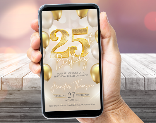 Luxury Gold 25th Birthday Invitation Template – Elegant Balloon Design Party Invite