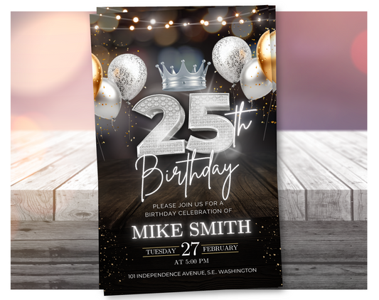 Luxury 25th Birthday Invitation with Crown – Black & Silver Animated Canva Template ✨