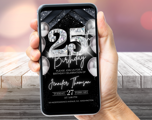 Elegant Silver 25th Birthday Invitation – Black Party Template