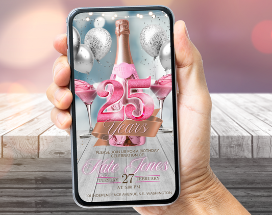 Pink Champagne 25th Birthday Video Invitation (Glitter Pink) | Editable Canva Template