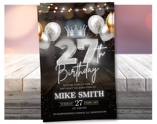 Luxury 27th Birthday Invitation with Crown – Black & Silver Animated Canva Template ✨