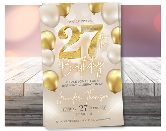 Luxury Gold 27th Birthday Invitation Template – Elegant Balloon Design Party Invite
