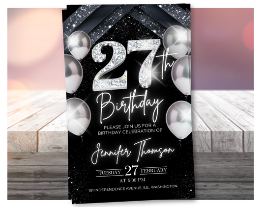 Elegant Silver 27th Birthday Invitation – Black Party Template