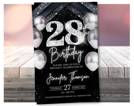 Elegant Silver 28th Birthday Invitation – Black Party Template