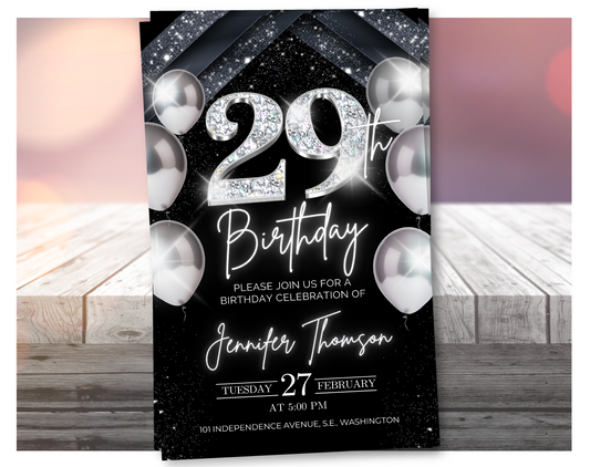 Elegant Silver 29th Birthday Invitation – Black Party Template