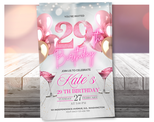 Video editable de invitación de cumpleaños número 29 de oro rosado – Invitación a fiesta de estilo elegante, descarga digital