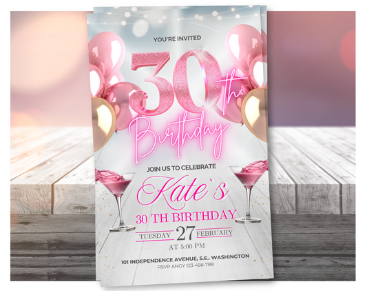 Video de invitación editable de cumpleaños número 30 en oro rosa – Invitación de fiesta de estilo elegante, descarga digital
