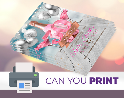 Invitación de video de cumpleaños número 30 con champán rosa (rosa con brillantina) | Plantilla editable de Canva