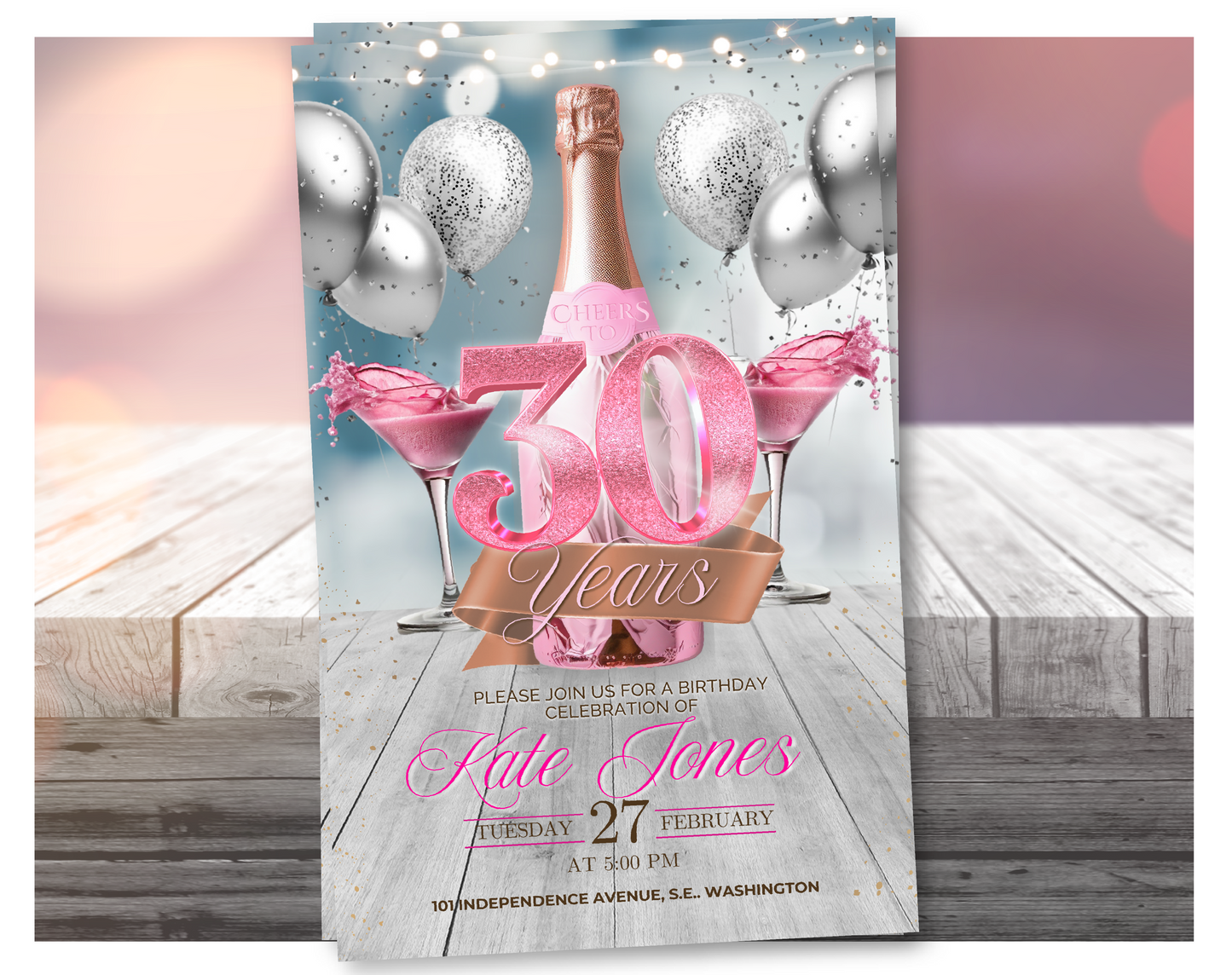 Invitación de video de cumpleaños número 30 con champán rosa (rosa con brillantina) | Plantilla editable de Canva