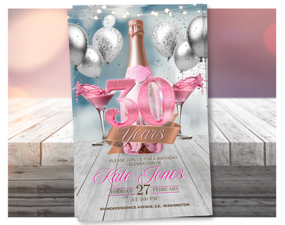 Invitación de video de cumpleaños número 30 con champán rosa (rosa con brillantina) | Plantilla editable de Canva