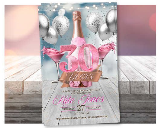 Invitación de video de cumpleaños número 30 con champán rosa (rosa con brillantina) | Plantilla editable de Canva