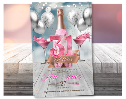 Invitación de vídeo de cumpleaños número 31 con champán rosa (rosa brillante) | Plantilla de Canva editable