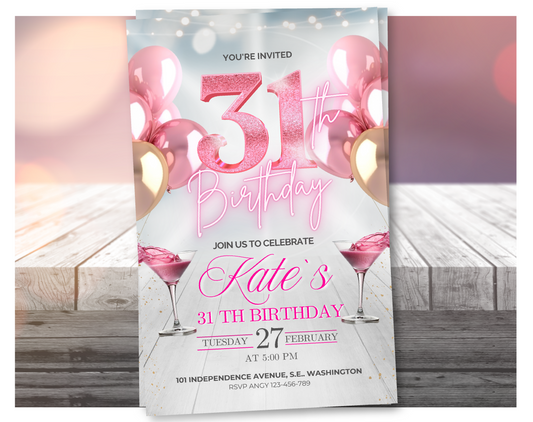 Video de invitación editable para cumpleaños número 31 en oro rosa – Invitación de fiesta de estilo elegante, descarga digital