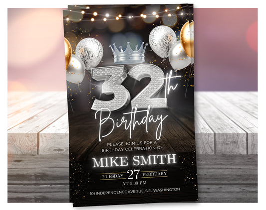 Luxury 32nd Birthday Invitation with Crown – Black & Silver Animated Canva Template ✨