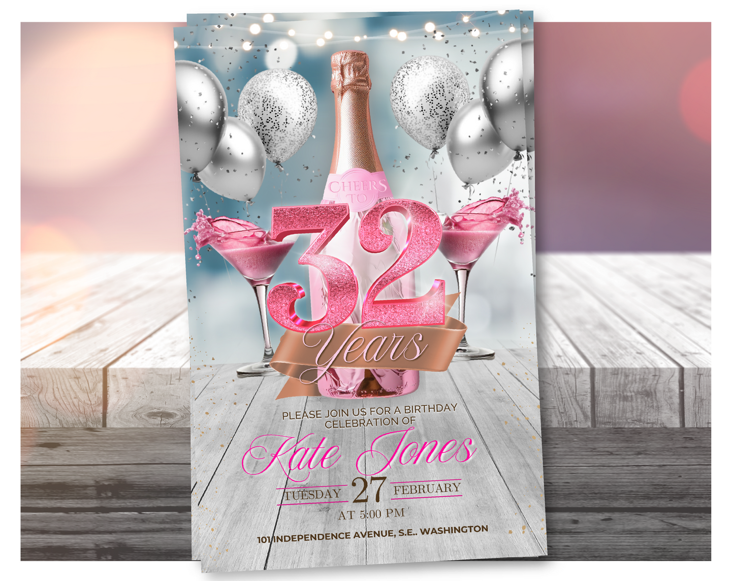 Invitación de video de cumpleaños número 32 de champán rosa (rosa con purpurina) | Plantilla de Canva editable