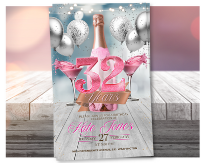 Invitación de video de cumpleaños número 32 de champán rosa (rosa con purpurina) | Plantilla de Canva editable