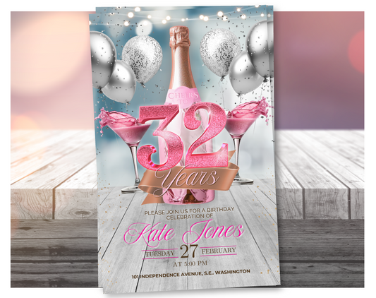Pink Champagne 32nd Birthday Video Invitation (Glitter Pink) | Editable Canva Template