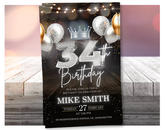 Luxury 34th Birthday Invitation with Crown – Black & Silver Animated Canva Template ✨