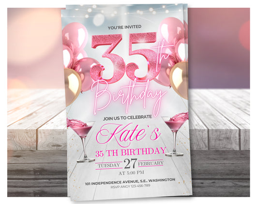 Video de invitación de cumpleaños número 35 en oro rosa editable – Invitación a fiesta de estilo elegante, descarga digital