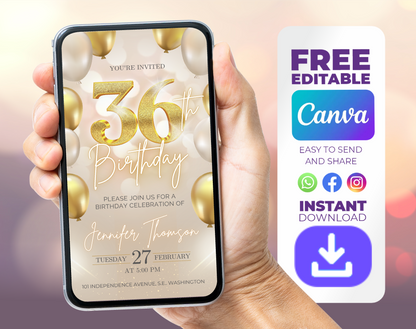 Luxury Gold 36th Birthday Invitation Template – Elegant Balloon Design Party Invite