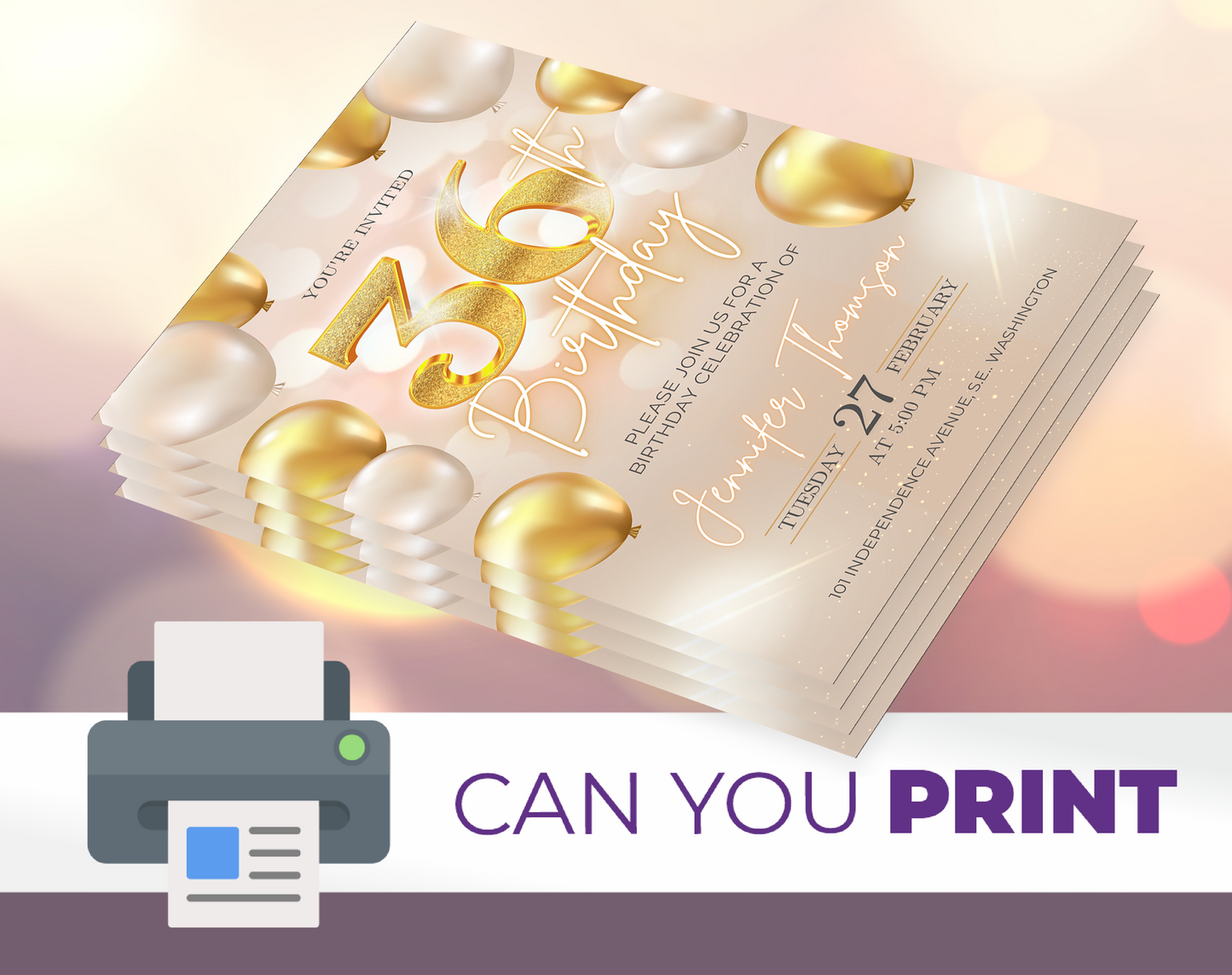 Luxury Gold 36th Birthday Invitation Template – Elegant Balloon Design Party Invite