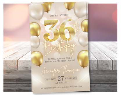 Luxury Gold 36th Birthday Invitation Template – Elegant Balloon Design Party Invite