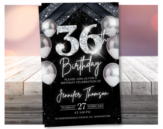 Elegant Silver 36th Birthday Invitation – Black Party Template