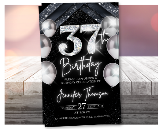 Elegant Silver 37th Birthday Invitation – Black Party Template