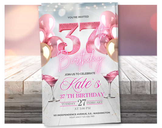 Video de Invitación de Cumpleaños Número 37 en Oro Rosa Editable – Invitación de Fiesta de Estilo Elegante, Descarga Digital