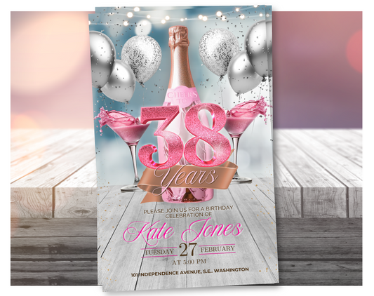 Pink Champagne 38th Birthday Video Invitation (Glitter Pink) | Editable Canva Template